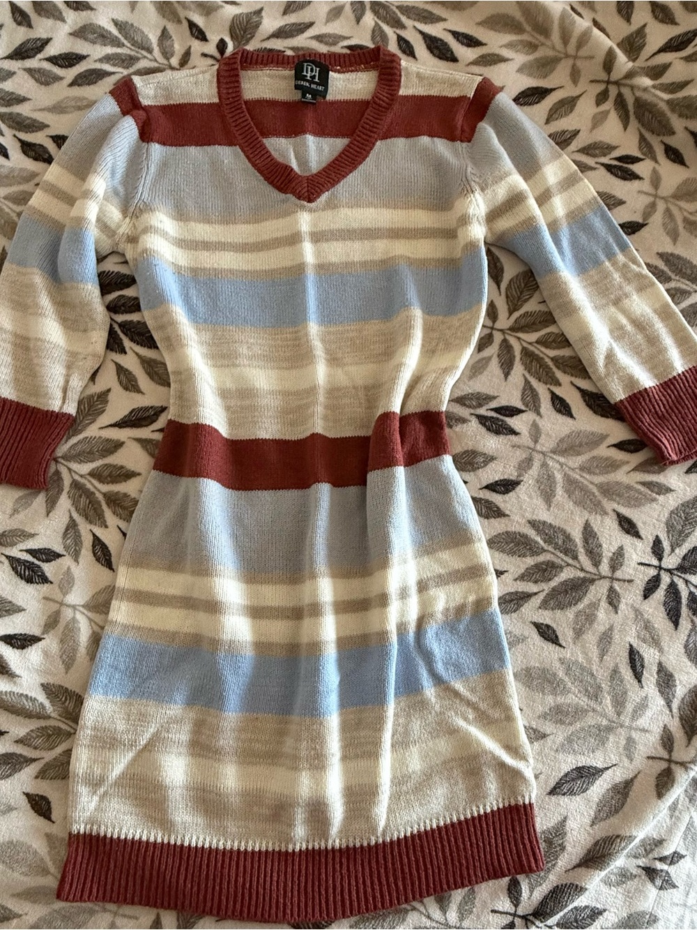 Striped V-Neck Sweater Dress in Rust, Light Blue, and Cream